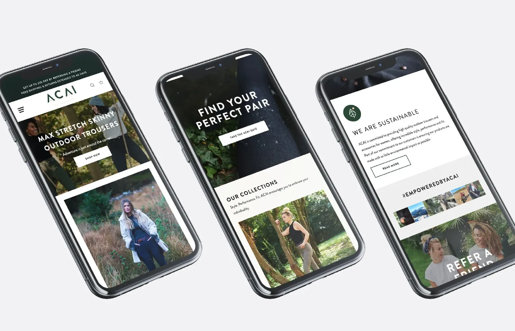 ACAI outdoorwear mobile site on three phones