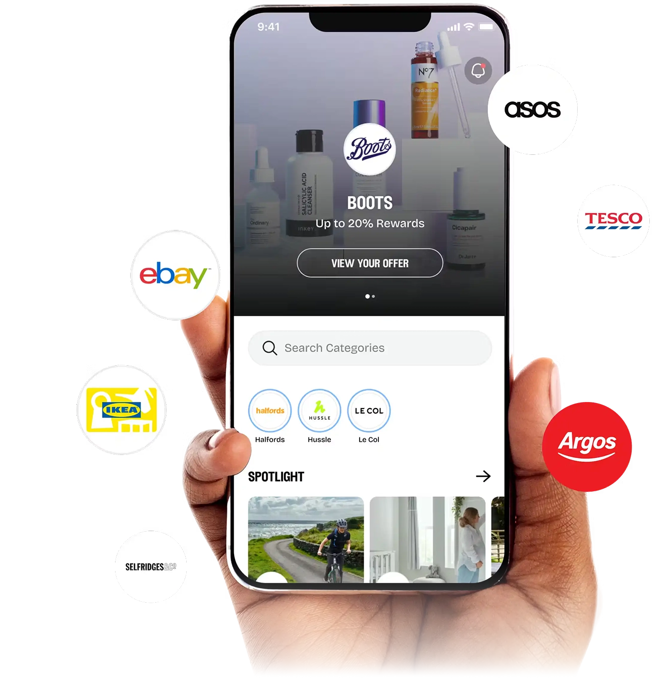 Airtime app on a phone surrounded by retailer logos