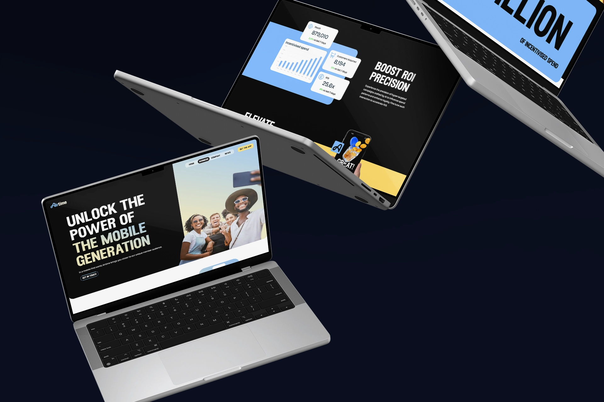 Airtime consumer and business pages on three laptops