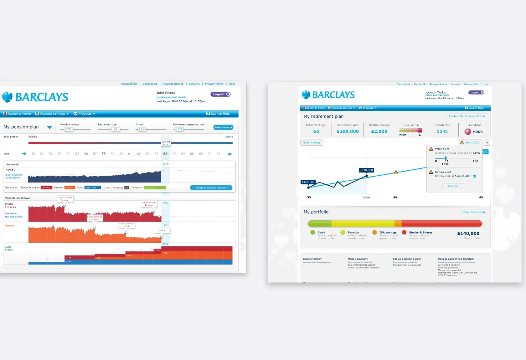 Barclays Net Wealth pension and portfolio screens