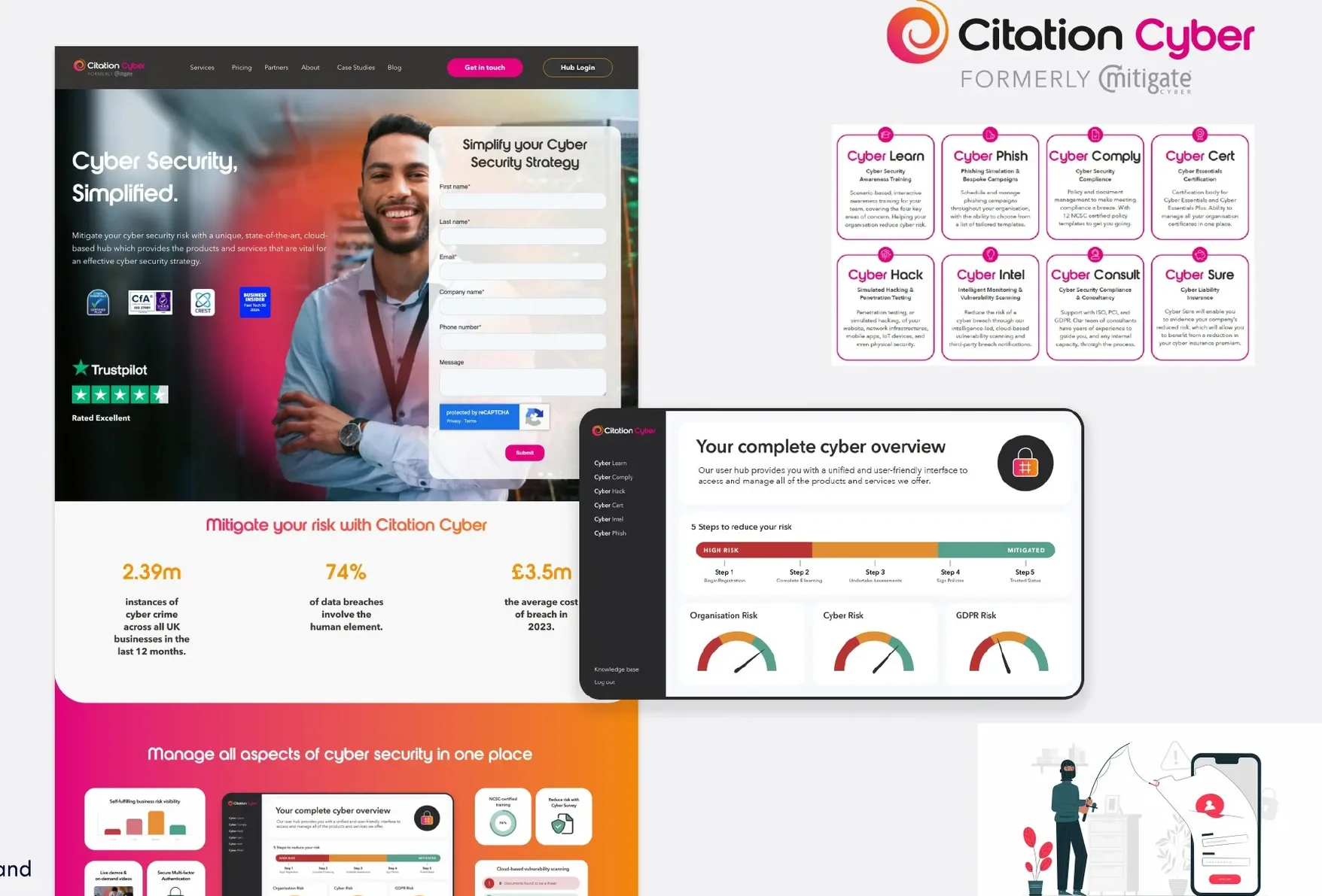 Citation Cyber landing page, product cards and a cyber overview dashboard