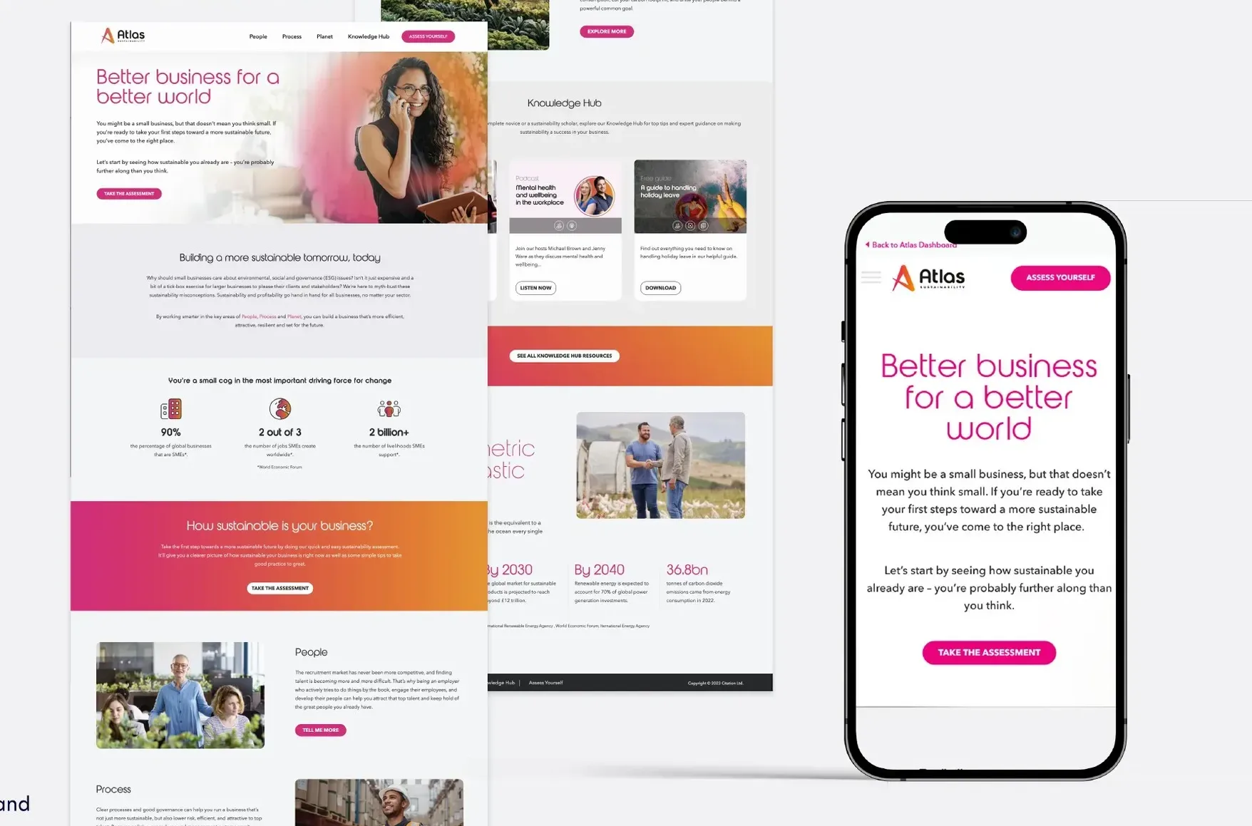 Sustainability platform pages on desktop and mobile