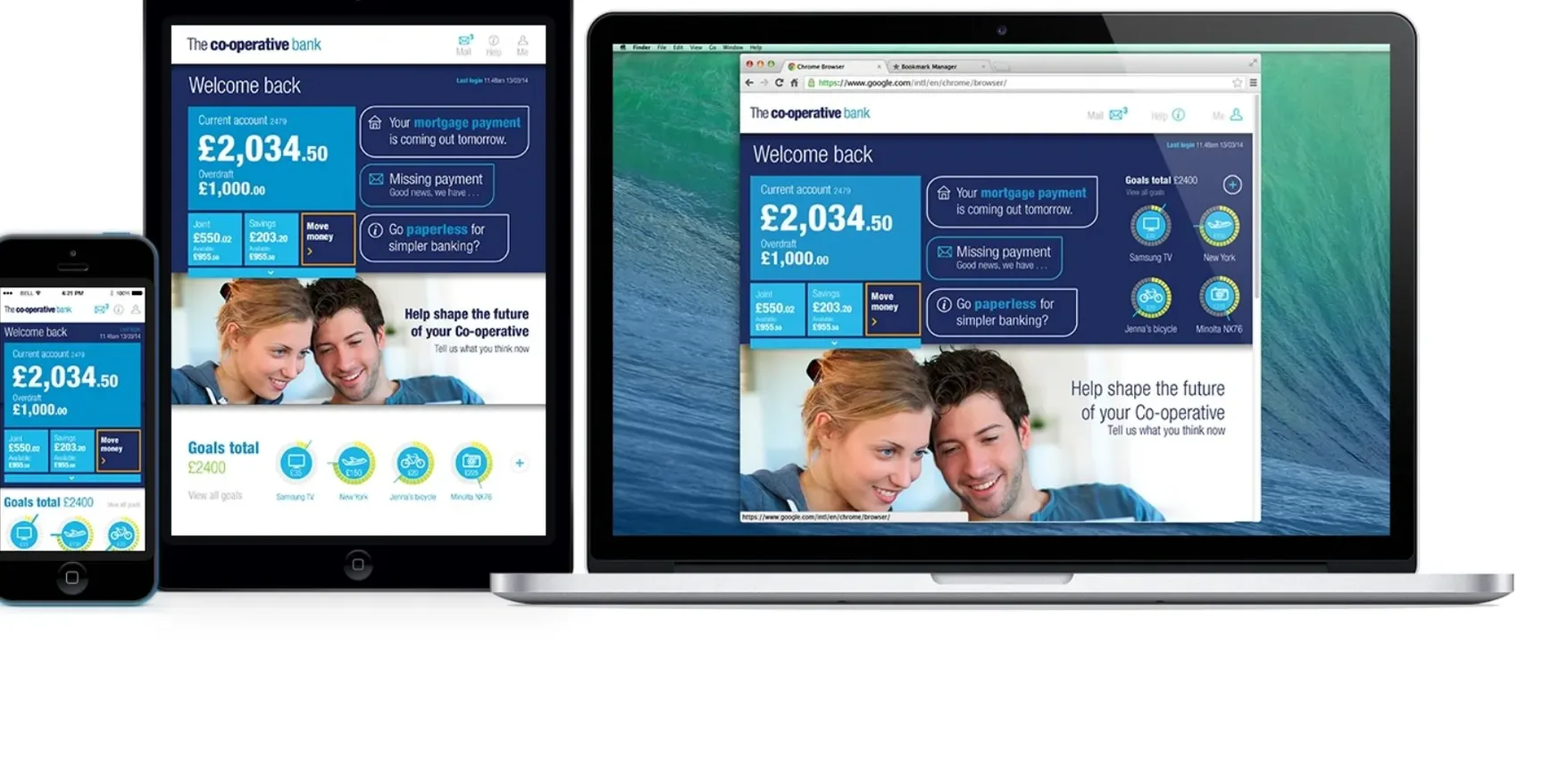 Co-operative Bank online banking on phone, tablet and laptop