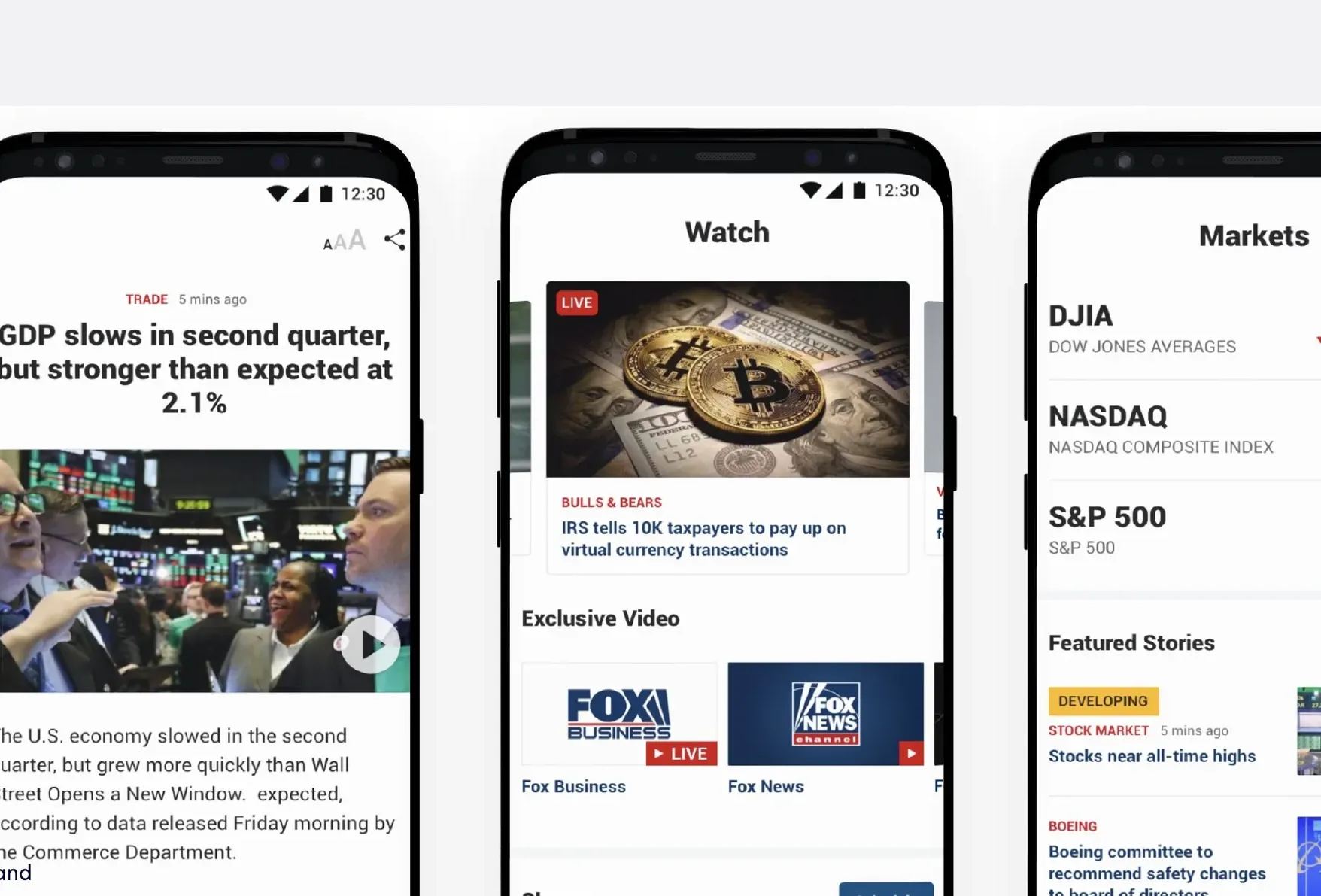 Fox Business Android app screens