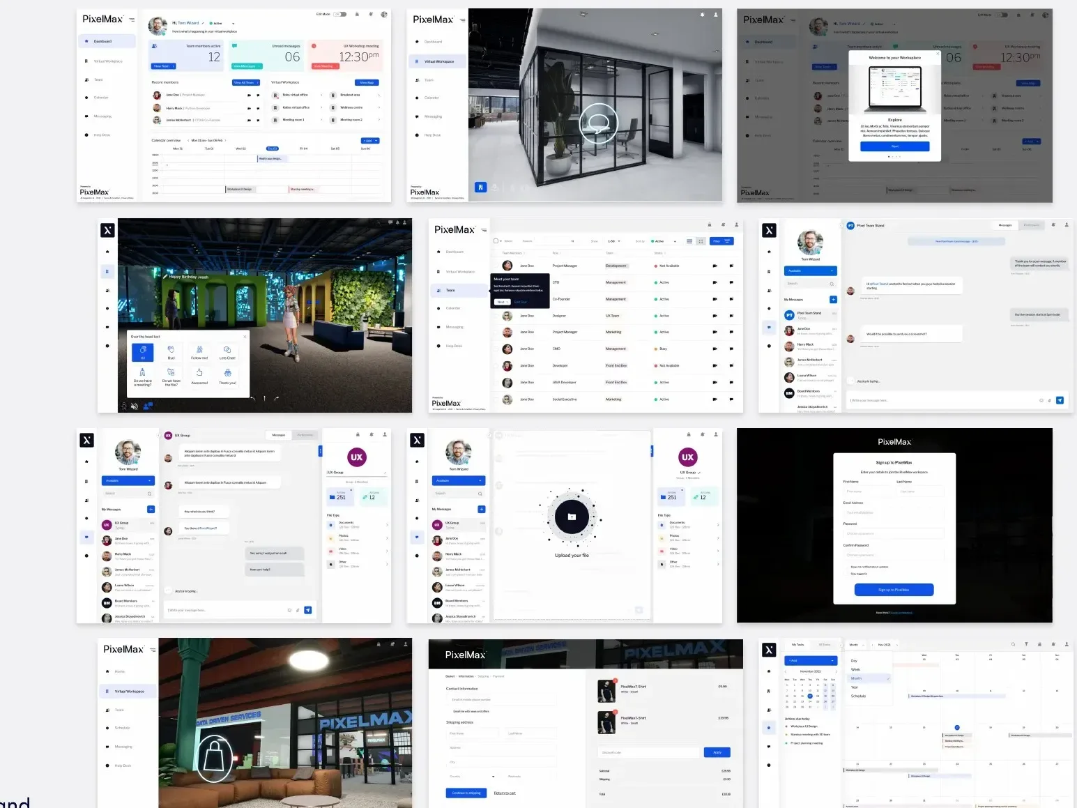 PixelMax interface screens over 3D office and event spaces