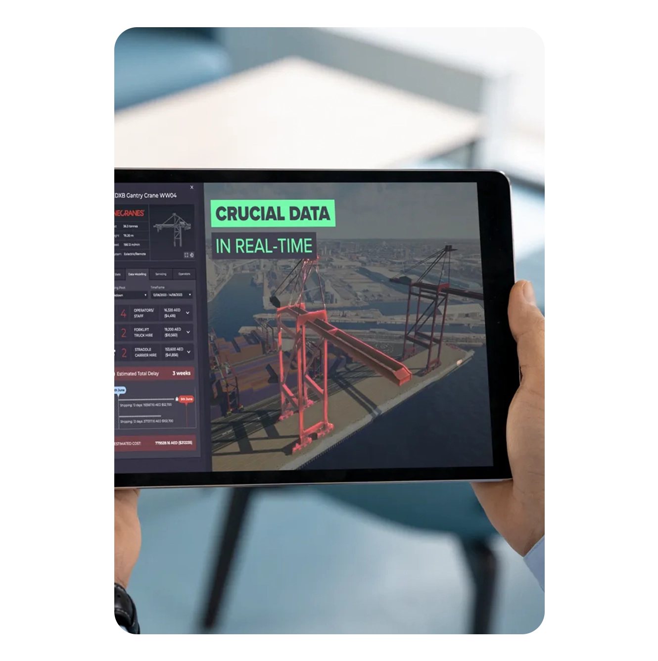 Quay Twin running on a tablet over a port crane