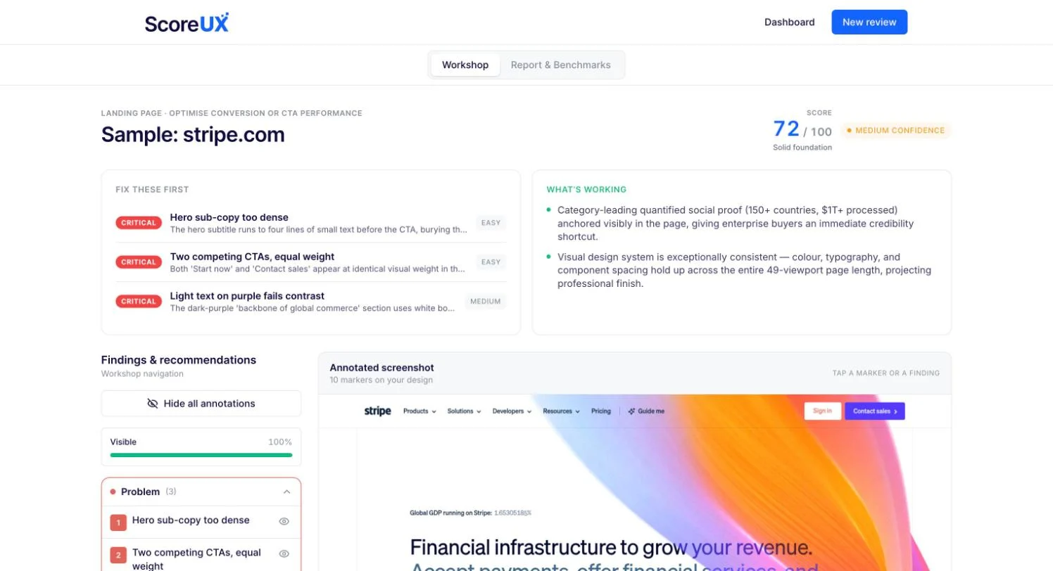 A ScoreUX review with critical fixes, what is working and an annotated screenshot