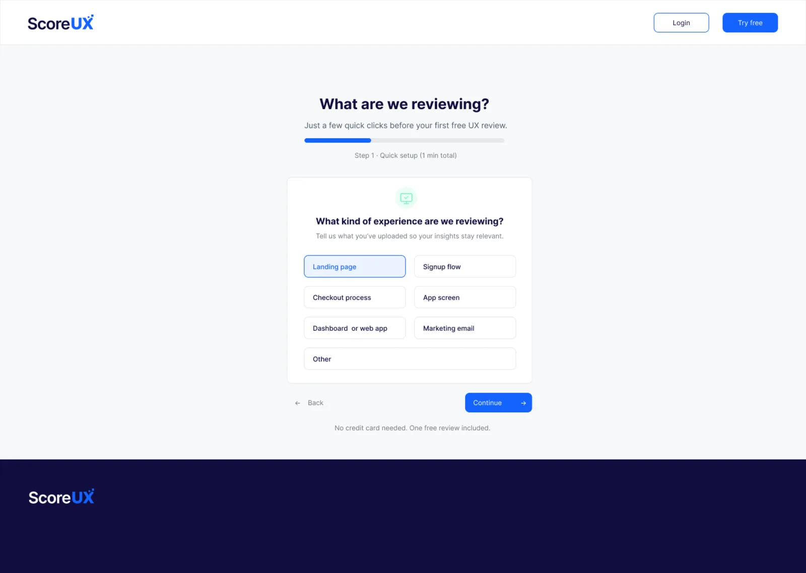 ScoreUX setup step asking what kind of experience is being reviewed