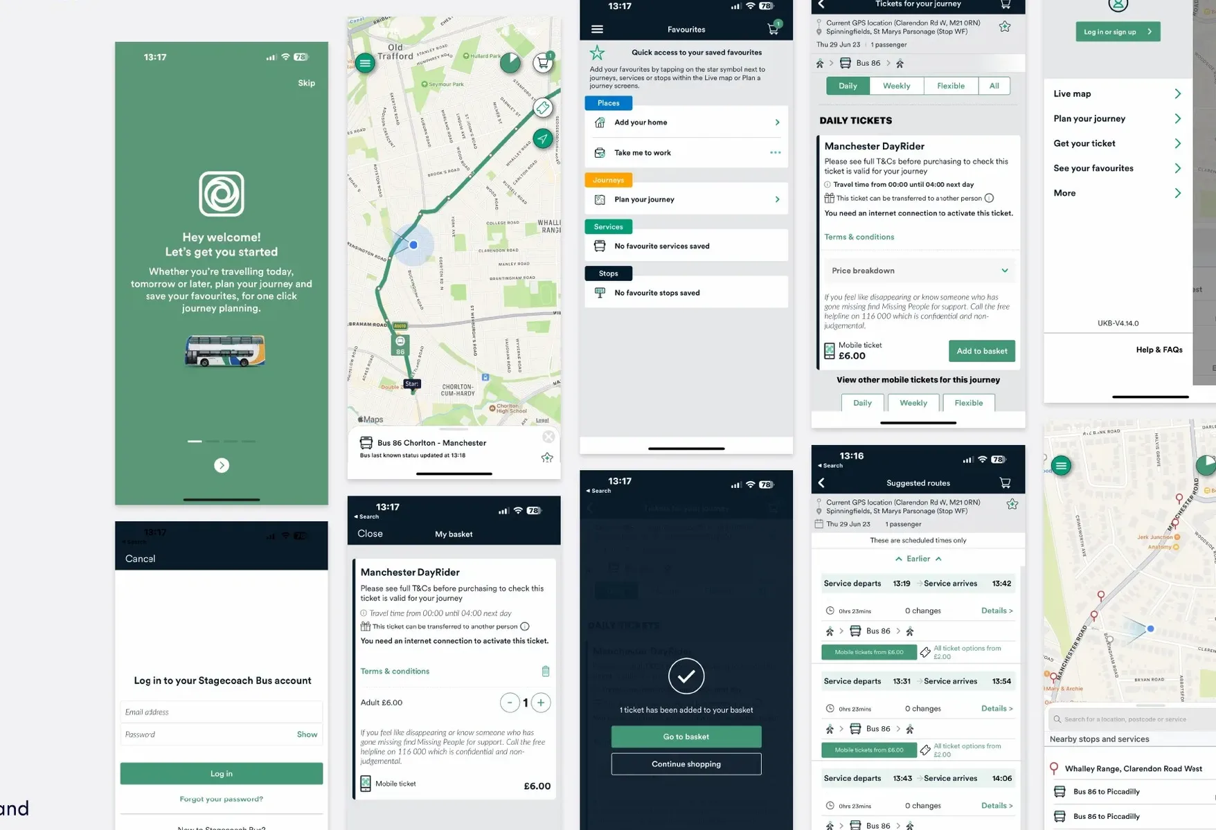 Stagecoach app screens for tickets, maps and journey planning