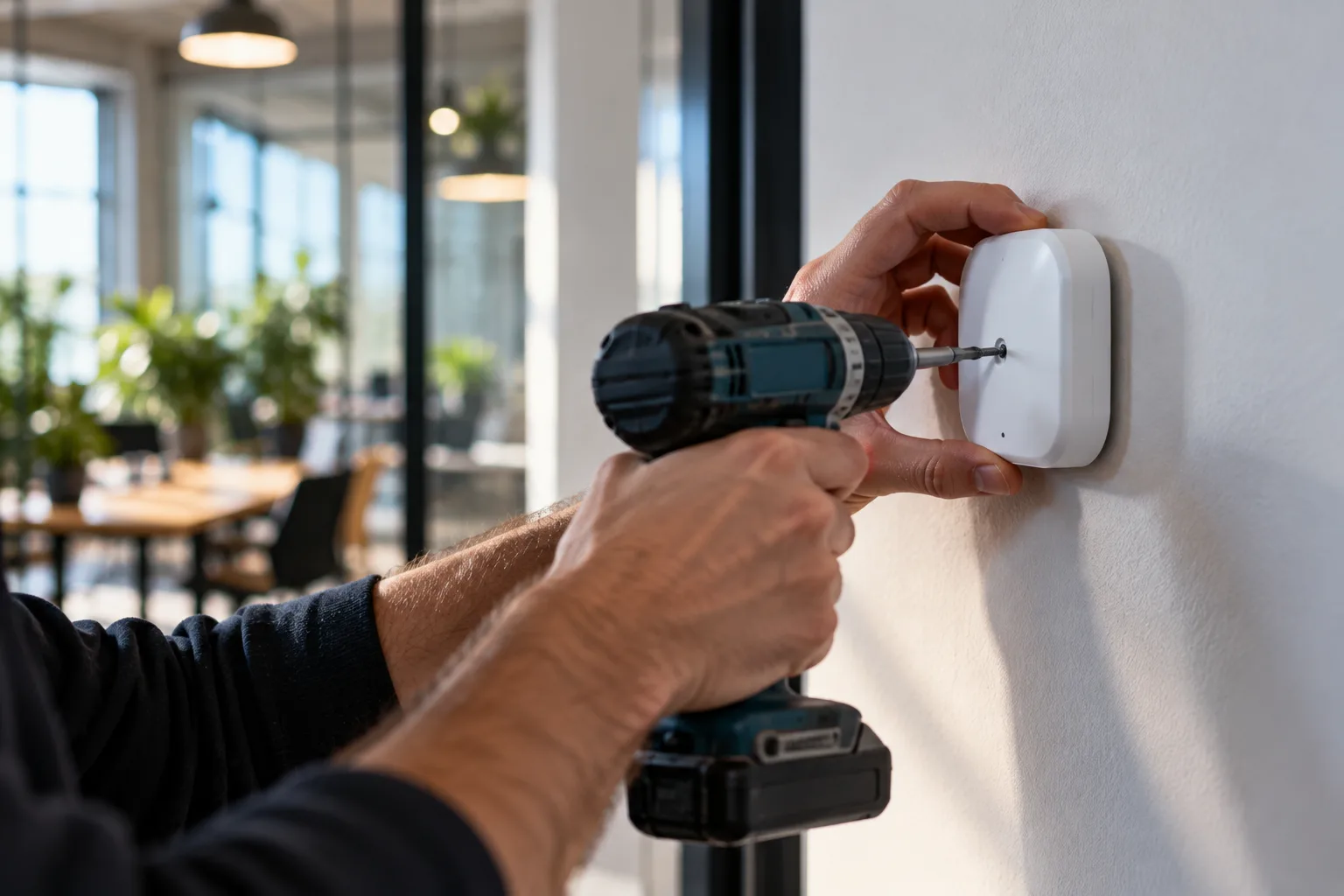 A small wireless sensor being fixed to an office wall