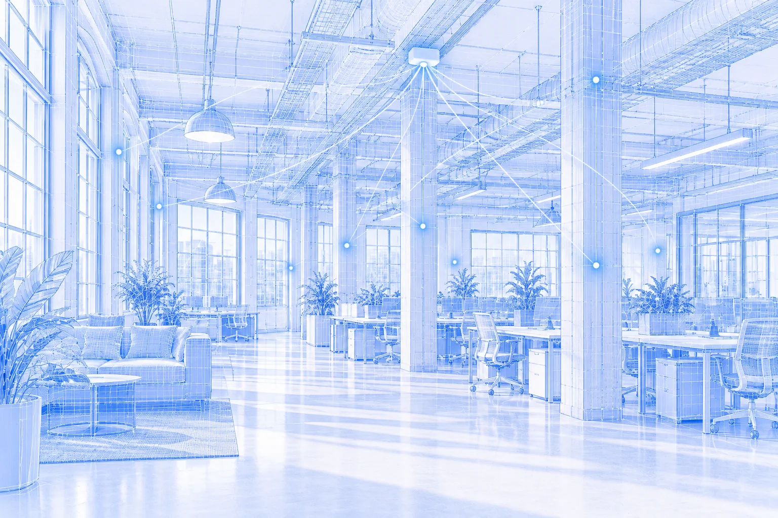 Office interior drawn as a blue line model with desks and meeting rooms