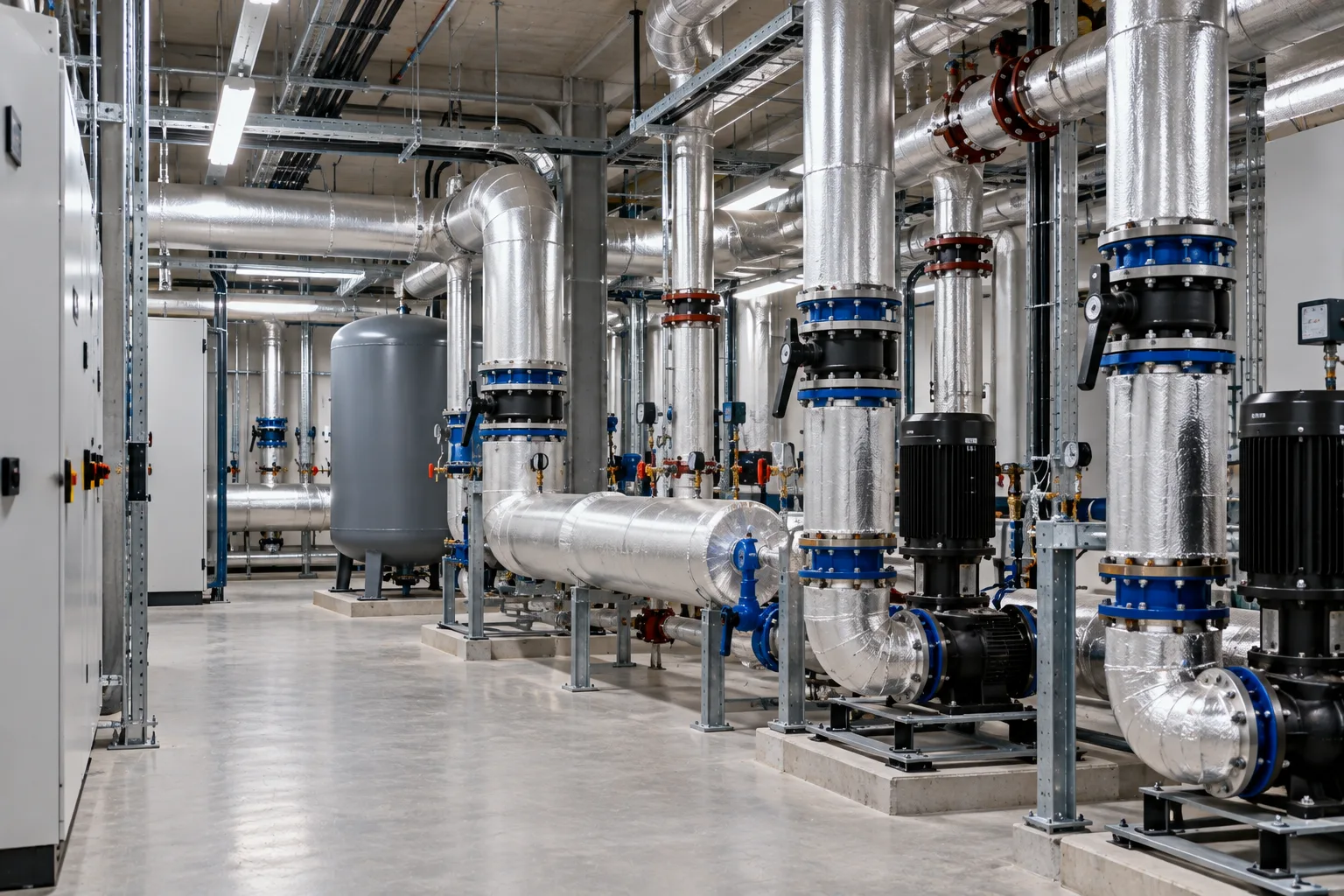 Plant room with pipework and pumps