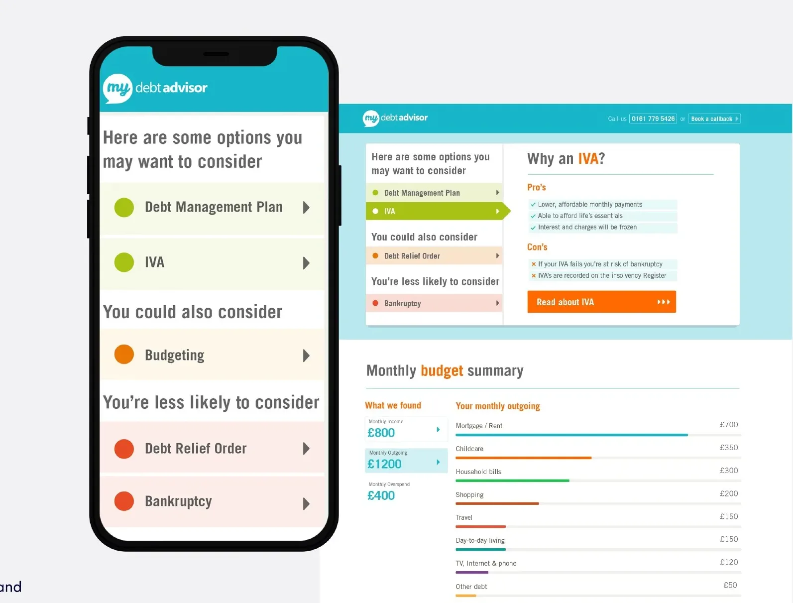 Debt advisor options and monthly budget summary
